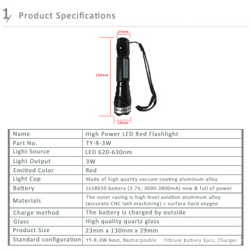 620-630nm LED Flashlight UV Torch Uses Red Light 3W